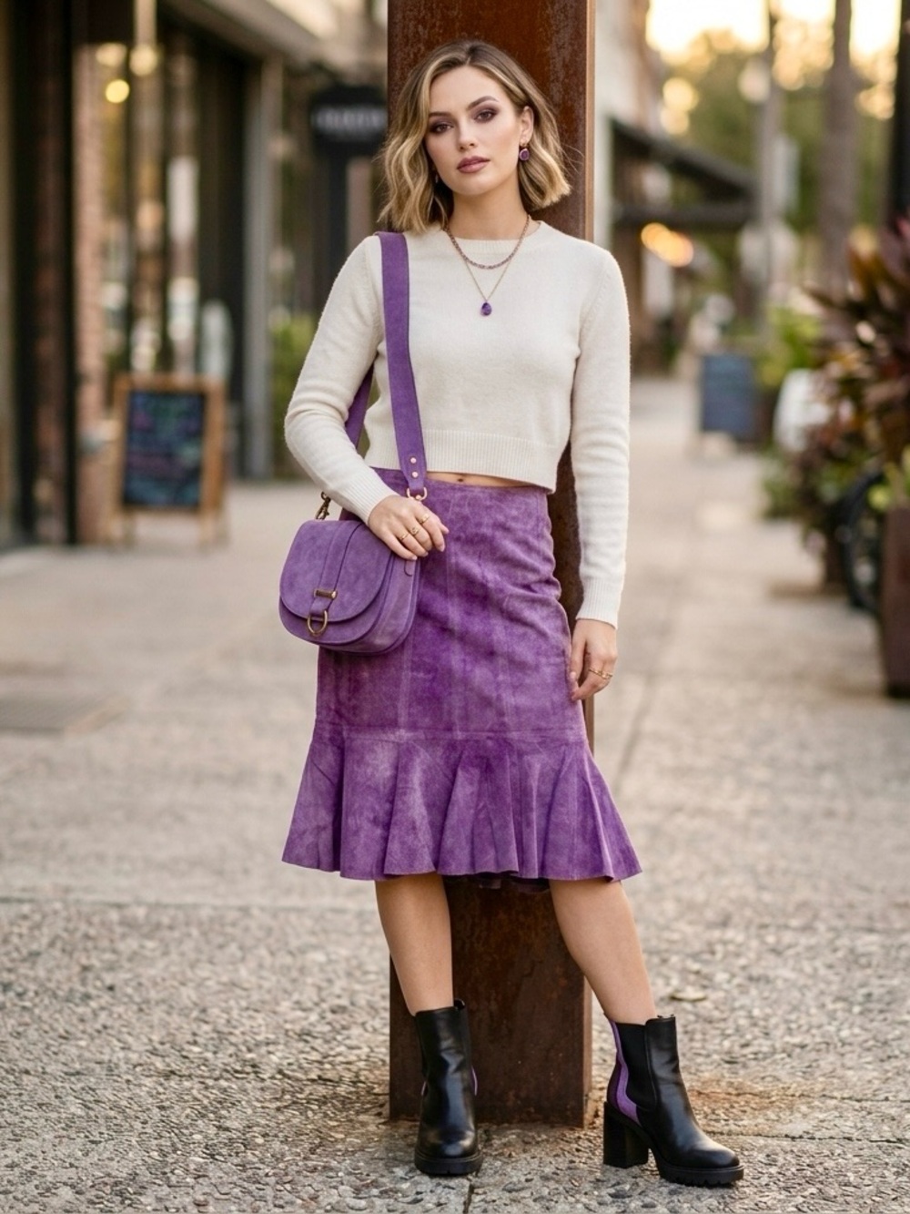 IDEOLOGY Purple Suede Leather Skirt 6 Whimsigoth Midi Flared Mermaid Ruffled